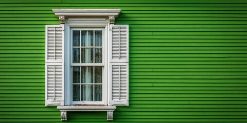 A stunning image of vintage double hung window in green exterior wall with thin horizontal clapboard siding and white wooden trim and shutters.