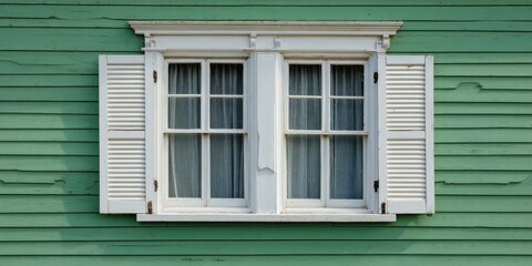 Fototapeta premium A stunning image of vintage double hung window in green exterior wall with thin horizontal clapboard siding and white wooden trim and shutters.