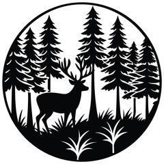 Majestic Deer in the Forest Circular Silhouette Illustration
