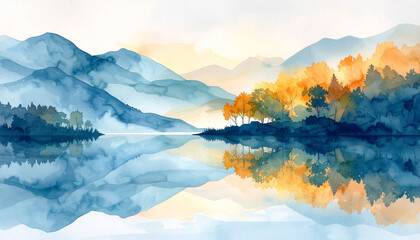 the image features a tranquil landscape with layered mountains in the background, rendered in soft, watercolor like tones
