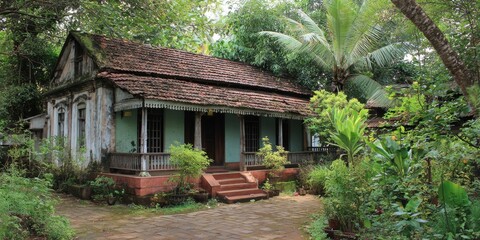 A stunning image of traditional Southern Indian Style Vintage House in Rural Kerala: A Glimpse of Architectural Heritage. © Pixelzone