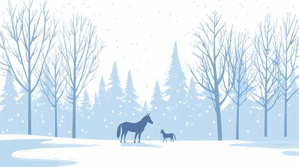 Silhouette of horses in snowy winter forest.  Peaceful winter scene, idyllic landscape, cold weather, nature background.