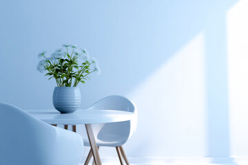 A serene indoor scene featuring a stylish table, modern chairs, and a beautiful flower arrangement in a vase.