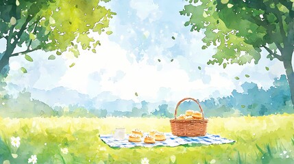 Watercolor illustration of a picnic basket with biscuits and milk in a sunny meadow. Perfect for spring, summer, and outdoor themes.