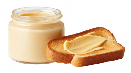Jar of delicious jam sits next to a slice of golden brown toast, generously spread with the sweet preserve, all on a transparent background, perfect for food related projects