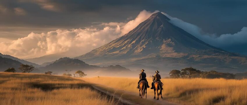 Riding a horse in front of a volcano