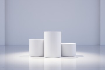 Minimalist White Cylindrical Podiums with Glossy Floor, Clean Light Grey Background and Soft Spotlights, Ideal for Product Display, Cosmetic Branding, or Modern Exhibition Mockup