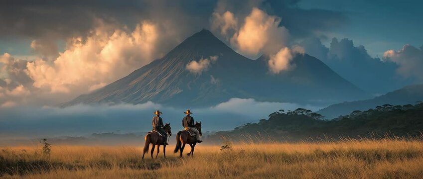 Riding a horse in front of a volcano