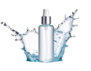 Refreshing Skincare Solution A Clear Liquid Spray Bottle Product Surrounded by Water Splash