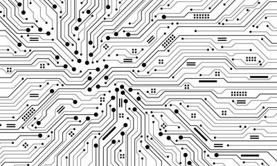 Abstract black circuit board technology connected lines electronics elements computer motherboard chip processor semiconductor digital on white background vector