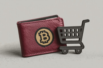 Illustration of a digital red wallet and cart for crypto transactions