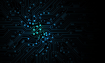 Abstract blue circuit board technology connected lines electronics elements computer motherboard chip processor semiconductor digital on black background vector