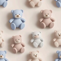 Teddy bear heads in blue and beige on light background.