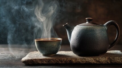 A beautiful ceramic teapot and teacup with rising steam, perfect for a relaxing moment.