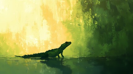 Artistic painting of a crocodile in a lush green jungle at sunset.  Evokes themes of nature, wildlife, and tropical environments.