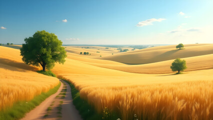 Fototapeta premium Charming Rural Landscape with Rolling Hills and Golden Wheat Fields