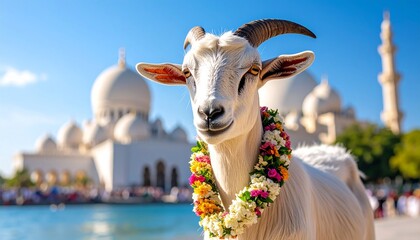 Eid Al Adha Celebration A White Goat Decorated with a Garland of Flowers Outdoors with a Mosque in the Background
