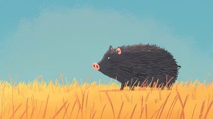 Illustration of a cute collared peccary in a field of tall grass.  Perfect for children's books, nature illustrations, and wildlife conservation projects.