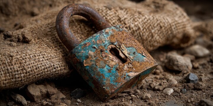 A stunning image of rusty, weathered padlock with peeling paint lies on rough burlap and surrounded by dirt and small stones.