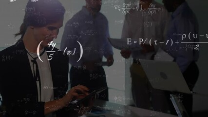 Seated woman tapping tablet and retrieving data during business meeting with floating formulas - Powered by Adobe