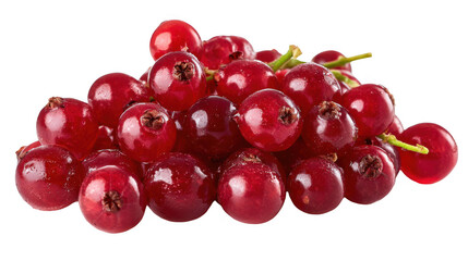 Ripe red currants, glistening with freshness, are piled together, creating a visually appealing display against a transparent background, perfect for various design applications