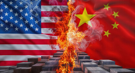 Infographic depicting the USA-China trade war, showcasing key tariffs and sanctions imposed by both countriesl, Generative AI.