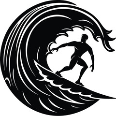 Surfer Riding a Massive Wave Bold Black and White Illustration