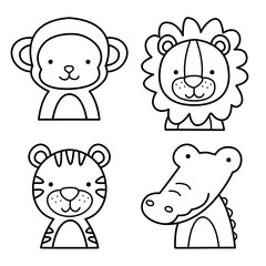 set of cartoon animals. Cute Safari Animal Vector Set. Line Art Style Illustration