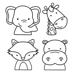 Kawaii Zoo Animal Heads. Outline Vector Bundle Vector illustration line art