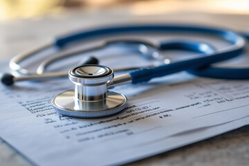 Stethoscope on a doctor table close up background.