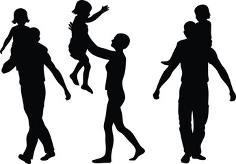 Vector black silhouette set of parents carrying and playing with children — ideal for family love, parenting, support, bonding, childhood, and lifestyle designs focused on nurturing relationships