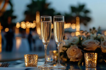 Champagne glasses at festive outdoor dinner, evening still life