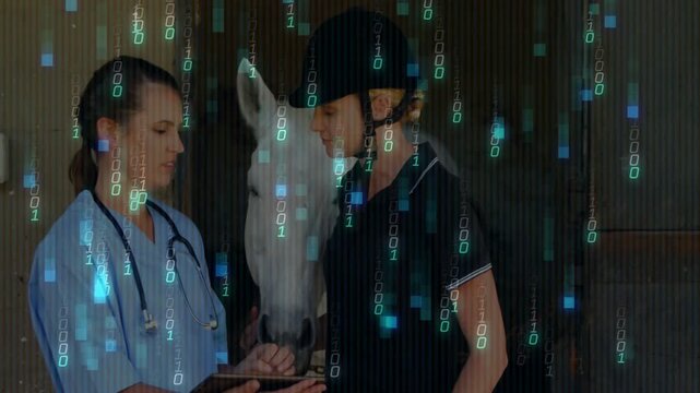 Vet wearing stethoscope tapping tablet showing health data while rider nodding in stall with horse