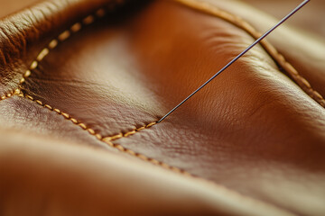 A leatherworker sews leather with a needle close up background. Leatherworking.