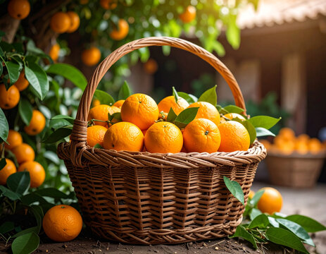 A basket full of ripe oranges in a traditional market setting, surrounded by leaves