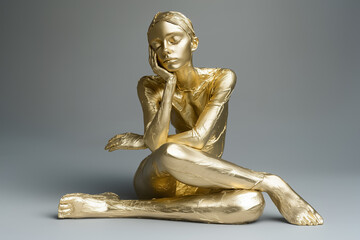 Beautiful woman painted with gold makeup and plaster posing on a gray background..