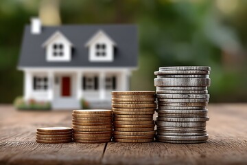 Stacks of Coins in Ascending Order with a Miniature House in the Background