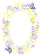 Hand drawn watercolor daffodil and crocus with butterflies and pearls postcard frame border isolated on white background. Can be used for postcard, invitation, scrapbook and other printed products.