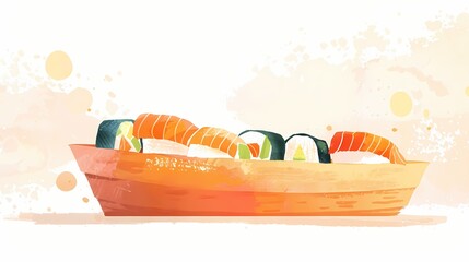 Watercolor illustration of assorted sushi in a wooden boat.  Japanese cuisine, seafood, healthy food, restaurant menu concept.