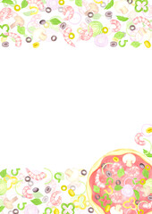 Hand drawn watercolor pizza postcard frame border. Illustration of cut prawn olive basil isolated on white background. Can be used for label, card, scrapbook and other printed products.