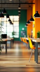 Modern office interior showcasing colorful walls, contemporary furniture, and abundant natural light, providing an inviting workspace for creativity and productivity.