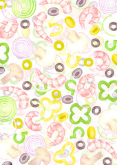 Hand drawn watercolor pizza poster. Illustration of cut prawn olive basil isolated on white background. Can be used for label, card, scrapbook and other printed products.