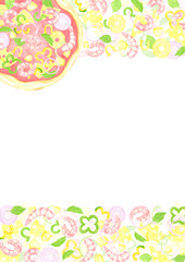 Hand drawn watercolor pizza postcard frame border. Illustration of cut prawn pineapple basil isolated on white background. Can be used for label, card, scrapbook and other printed products.
