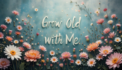 "Grow Old With Me" in Floral Delight: A heartwarming message of love and longevity, gracefully scripted amidst a vibrant tapestry of delicate blooms, painted in soft hues, evokes tender sentiments