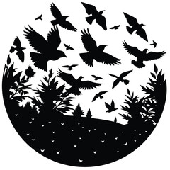 Birds in Flight A Black and White Silhouette Illustration of Birds Soaring Above a Forest