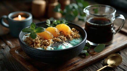 Top view of artistic healthy food styling: asymmetrical arrangement of yogurt and granola bowl with mandarin wedges, chia seeds, pistachios, next to V60 drip coffee in glass server and small 