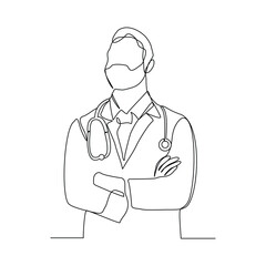 Continuous line drawing of man doctor with stethoscope and medical uniform. One line sketch editable stroke of health care concept. Vector illustration
