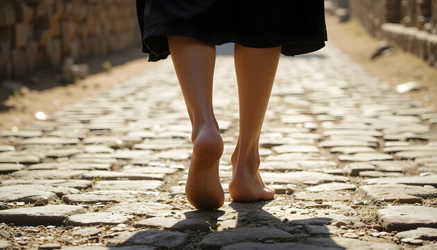Barefoot Journey on Cobblestones: A solitary figure embarks on a soulful journey, their bare feet tracing the textured cobblestone path, embodying a sense of freedom and exploration. 