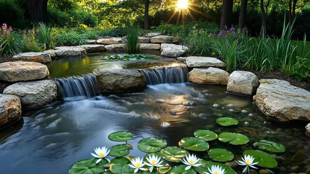 Serene water feature with lily pads and stonework