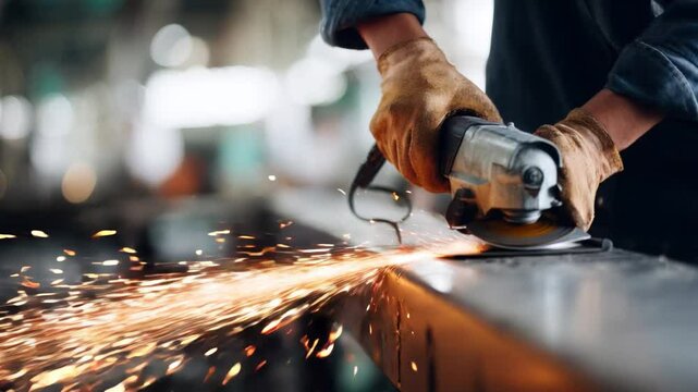 A worker using an angle grinder on a metal beam, producing a stream of bright, flying sparks in an industrial workshop.

